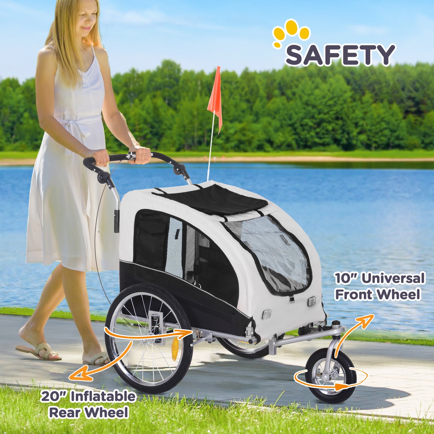 Dog Bike Trailer 2-In-1 Pet Stroller with Canopy and Storage Pockets, White