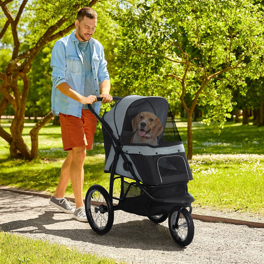 3 Wheels Pet Stroller for Small Dogs and Medium Dogs with Adjustable Canopy, Safety Tether, Storage Basket, Gray